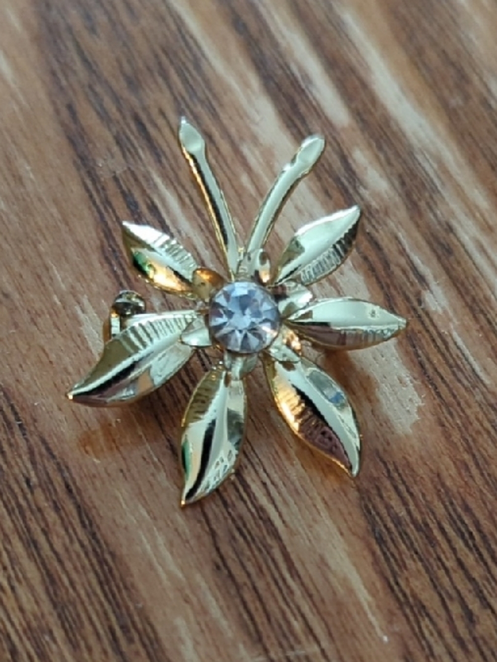 Gold Flower Pin Brooch with Clear Center Stone - Women Jewelry